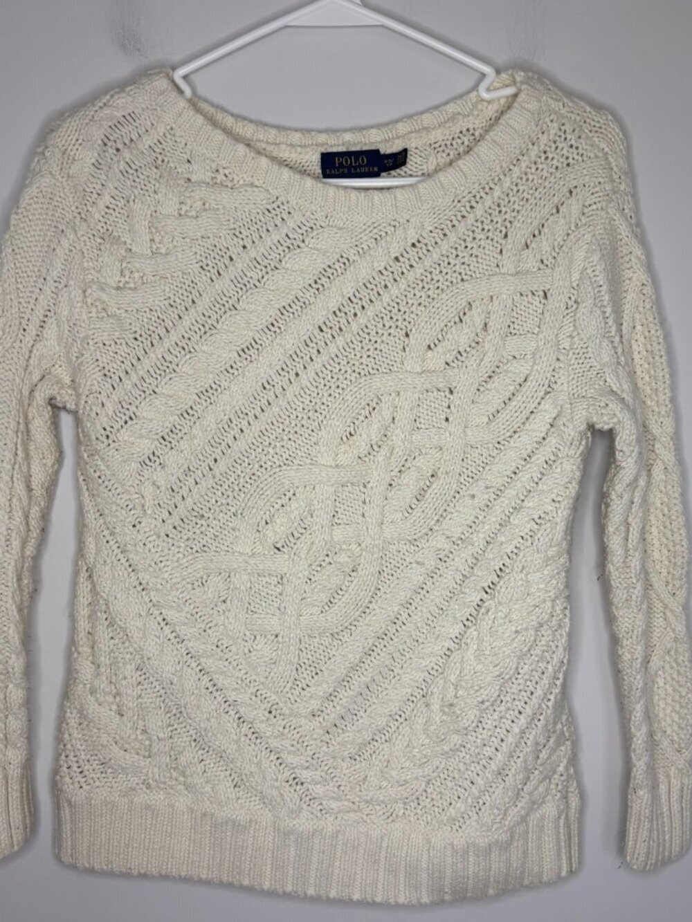 POLO RALPH LAUREN Cable Knit Sweater Womens XS White Knit Long Sleeve Ribbed Hem